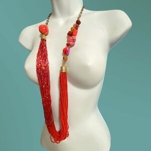 CHICO'S Multi Strand Beads Chunky Pink Coral Red Boho Statement Necklace 39"